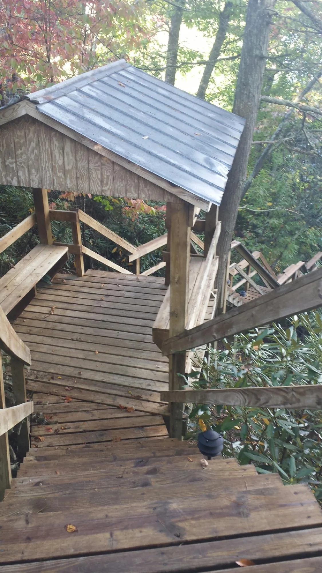 Metal roofed shelter over wooden steps on a wooded walkway — Skylight Repair & Installation work by our crew in Tremonton